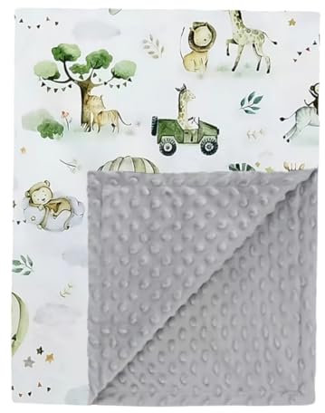 Ahoiikids Babydecke 75x100 cm - Weiche Kuschel- und Krabbeldecke aus Minky Dots Polar Fleece mit Baumwollfüllung, Safari Design, Grau - Hochwertige Babydecke für Neugeborene und Kleinkinder