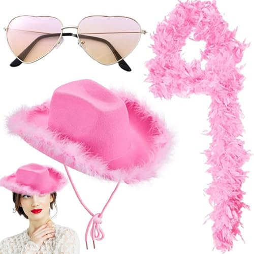 Cowgirlhut rot - roter Cowboyhut | Western Cowgirl Hut für Faschingsparty Singles, flauschiger Cowboyhut mit Federn und Fellbesatz, Hut
