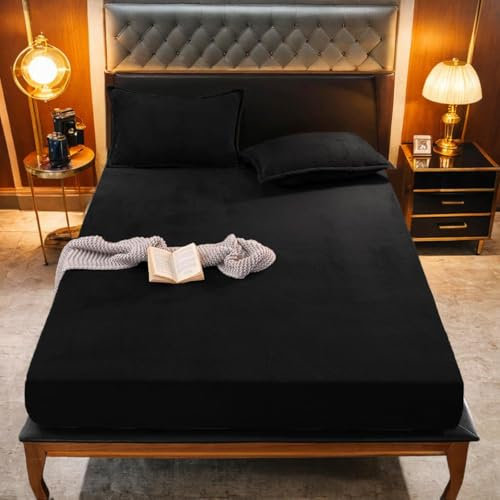 Gezu Spannbetttuch Plüsch Warme 200x200cm Winter Schwarz Flanell Kaschmir Touch Bettlaken Boxspringbett Fleece Samt Spannleintuch Flauschiges Wärme Komfortlaken Passend Für 25–30cm Große Matratzen