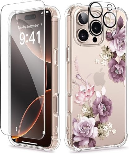 GVIEWIN Compatible with iPhone 16 Pro Case 6.3 2024 with Screen Protector&Camera Lens Protector,Clear Shockproof Drop Protection Anti-scratch Floral Phone Cover for Women Girl,Cherry Blossoms/Purple