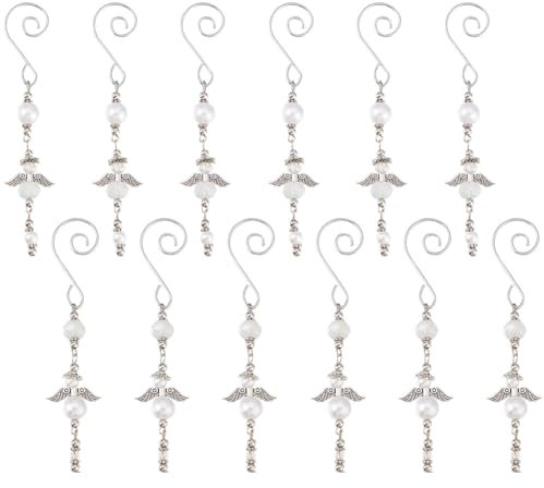 GOMAKERER 12 Pcs Crystal Pearl Christmas Angel Ornaments, 2 Styles Tibetan Wings Angel Hanging Pendants S-Hook Clasps Xmas Tree Holiday Decorations for Car Keychain Tree, 4.4inch(11.3cm)