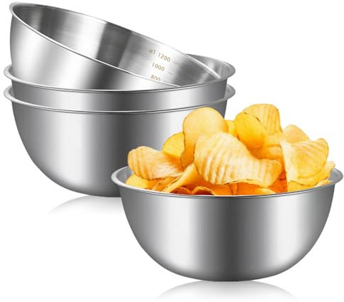 BORDEAG Cul De Poule Inox, 4 Pièces Saladiers, 1200 ML Bol Inox, Saladier Inox Avec Balance Pour Mélanger Salade De Fruits, Riz Et Pâtes