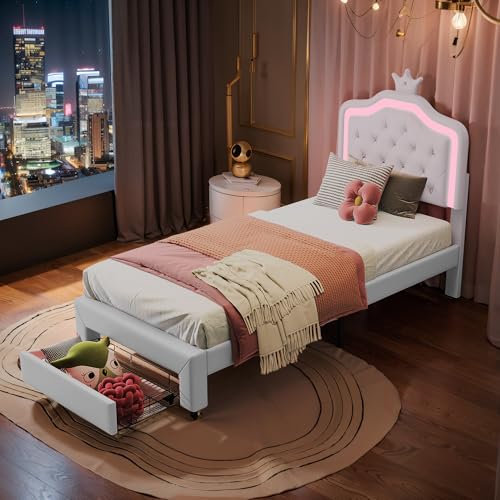 Algado Kinderbett Polsterbett 90x200, Jugendbett Mädchen Bett mit Kronen LED-Kopfteil, Kinderbett Jugendbett mit Stauraum Schubladen