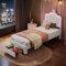 Algado Kinderbett Polsterbett 90x200, Jugendbett Mädchen Bett mit Kronen LED-Kopfteil, Kinderbett Jugendbett mit Stauraum Schubladen