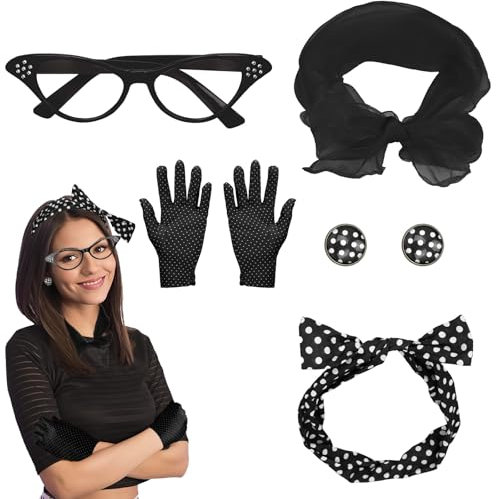 Tutukyle 50er Jahre Accessoires Damen Rockabilly 5TLG Rockabilly Accessoires Damen Schwarz 60er Jahre Outfit Damen Chiffonschal Punkte Brille Handschuhe Punkteohrringe Perfekt für Retro-Partys