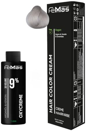 Femmas Haarfarbe Set Platinblond Asch 11.1 I Hair Color Cream 100ml + Oxycreme 100ml 9% I Permanente Haar-Coloration + Entwickler I Schonend & langanhaltend I Salon-Haarfarbe für Zuhause