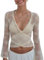 Nicoxijia Women's Y2K Long Sleeve Sheer Mesh Top Deep V Neck Embroidery Floral Lace Top Sexy See Through Going Out Crop Tops (White, S)