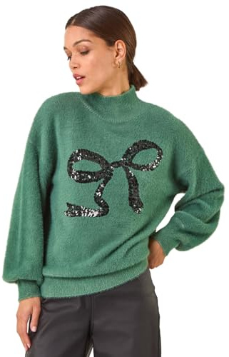 Roman Originals Festive Sequin Bow Knit Jumper for Women UK - Ladies Everyday Autumn Winter Funnel Neckline Comfy Soft Evening Vacation Work Party Night Out - Green - Size 20