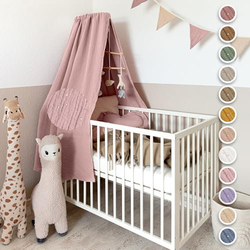 lilimaus Betthimmel Babybett mit Goldapplikationen [in 12 Farben] Himmel Babybett aus 100% Baumwolle Musselin - Betthimmel Mädchen & Jungen - Himmelbett Kinderzimmer & Babyzimmer Deko - Baby Bett