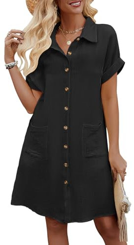 Niwicee Abito Estivo Donna Scollo a V Vestito Donna Maniche Corte Cotton Elegante Abito da Camicia con Botton e Tasche Casual Abito Mare Spiaggia(Nero,XXL)