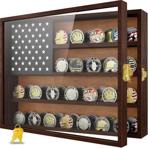 Challenge Münzvitrine (schwarz, groß) Militär-Münzhalter Schrank | Schattenbox aus Holz, amerikanische Flagge, mit Anti-Staub-UHD-Acryl-Tür, goldfarbenes Diebstahlschutzschloss und Schlüssel