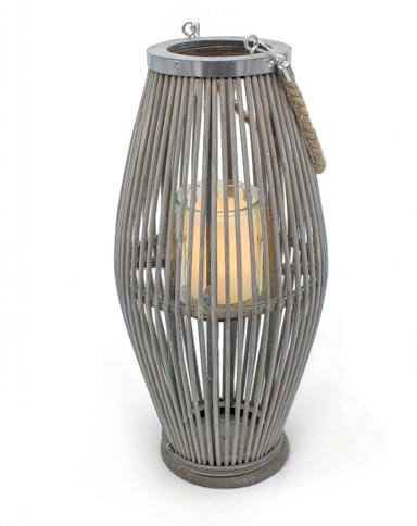 XXL Bambus Laterne Shabby grau mit Kerzenglas - 50 x 24 cm - Holz Windlicht mit Jute Seil zum Hängen - Garten Deko Kerzenhalter Gartenlaterne Leuchte zum Hängen für Balkon Terrasse Innen Außen