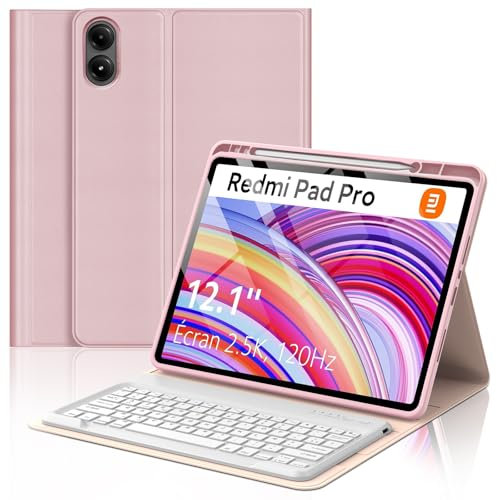 FOGARI Clavier pour Redmi Pad Pro 12.1 | Coque Clavier pour Xiaomi Pad POCO 12.1 Pouces 2024, AZERTY Français Clavier Détachable Bluetooth pour Redmi Pad Pro 12.1'',Rose