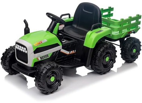 12V 3-Gang Traktor mit abnehmbarem Anhänger und 2,4G Fernbedienung, Kinder Aufsitztraktor mit LED Lichtern, Musik, Hupe & USB Funktionen, geeignet für Kinder ab 3 Jahren