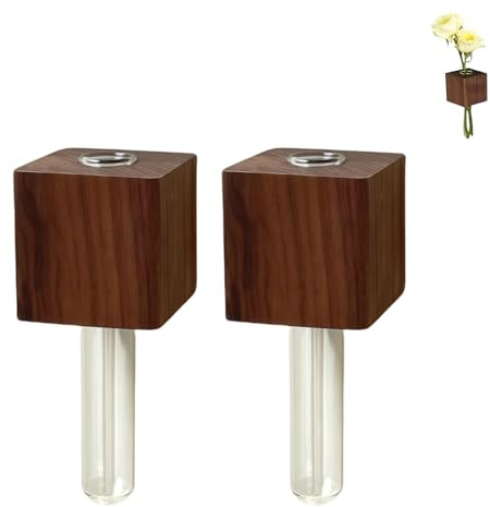Mini Vase Magnets for Fridge, Solid Wood Flower Arrangement Test Tube Vase Refrigerator Magnets for Fridge Decoration, Office & Living Room, Kitchen, Hydroponics Plants,Decor Gift (Black Walnut 2PCS)