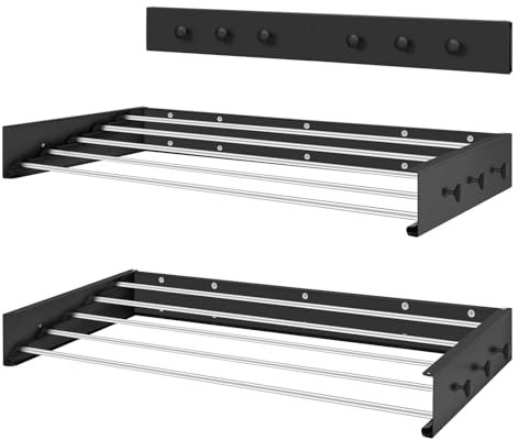 Wandwäschetrockner Wäscheständer Wand, 100cm Klappbar Wäscheständer Wandmontage, Platzsparend Wäscheständer Ausziehbar mit 6 Haken, für Indoor & Outdoor, Balkon (Schwarz)