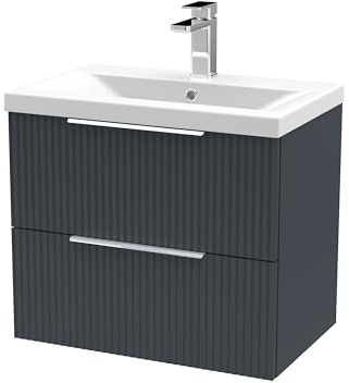 Balterley Vanity Unit with Basin Wall Hung, 2 Drawer Soft Close with Mid Edge Sink and Handles, Bathroom Vanity Units with Basin, Fluted Front Sink Cabinet - 610 x 390 x 540mm (Dark Grey)