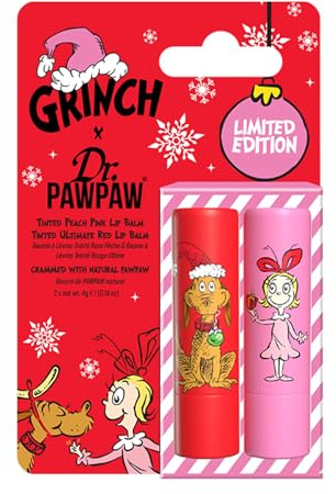 Dr.PAWPAW x The Grinch Peach Pink and Ultimate Red Balm Duo 2 x 4g, Tinted Pawpaw Lip Care Set, Vegan Hydrating and Nourishing Balms, Stocking Stuffer Gift Set