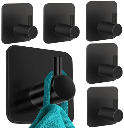 Timween Handtuchhalter ohne Bohren, 6er Set, Schwarz - Edelstahl Badezimmer Schlafzimmer Küche Selbstklebend Haken, Funktionale Klebehaken, Hohe Tragkraft - Wasserfeste Langlebige Wandhaken