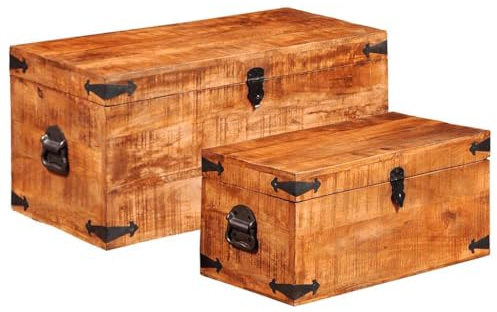 Foknhdi 2-TLG. Truhen-Set aus massivem Mangoholz, Vintage Holztruhen | Handgefertigte Deko-Kisten für Wohnzimmer und Flur. Bieten vielseitigen Stauraum für Decken und Bücher.