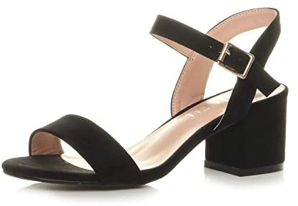 Women Ladies Low Block Heel peep Toe Ankle Strap Strappy Party Sandals Size, 6 UK, Black Suede