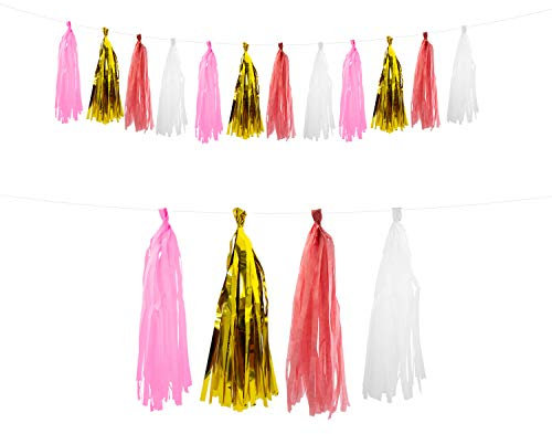 Oblique-Unique® Tassel Girlande Quasten Quoddel Quaddel Troddel Papier Streifen Deckenhänger Banner Deko für Geburtstag Hochzeit Jubiläum Party Feier Kindergeburtstag Dekoration - wählbar (Rosa Weiss)