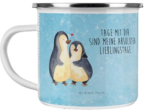 Mr. & Mrs. Panda Camping Emaille Tasse Pinguin umarmen - Geschenk, Liebe, glücklich, Umarmung verliebt, Emaille Trinkbecher, Camping Tassen Emaille,