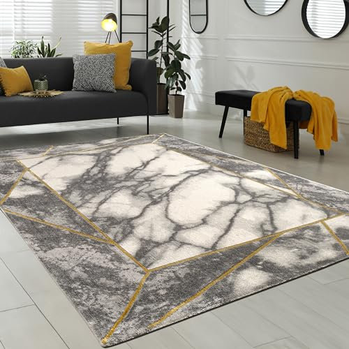 Paco Home Teppich Wohnzimmer Kurzflor Marmor Design Bordüre Geometrisch Grau Gold, Grösse:160x230 cm