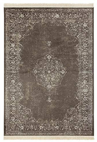 Nouristan Orientalischer Teppich – Wohnzimmerteppich mit Fransen Oriental Vintage Medaillon Naveh Samt-Teppich für Wohnzimmer, Schlafzimmer, Esszimmer, Küche, Flur – Anthrazit, 195x300cm