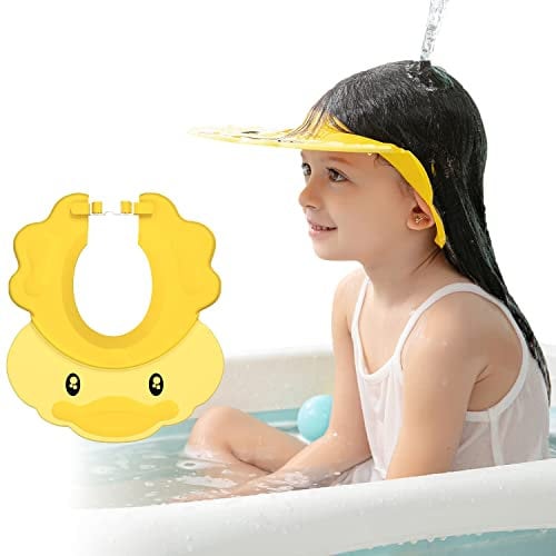 Gorro de ducha para niños, champú para lavado de pelo, protector para ojos, visera ajustable para baño de bebé, gorro protector de agua de silicona para niños pequeños lindo pato amarillo