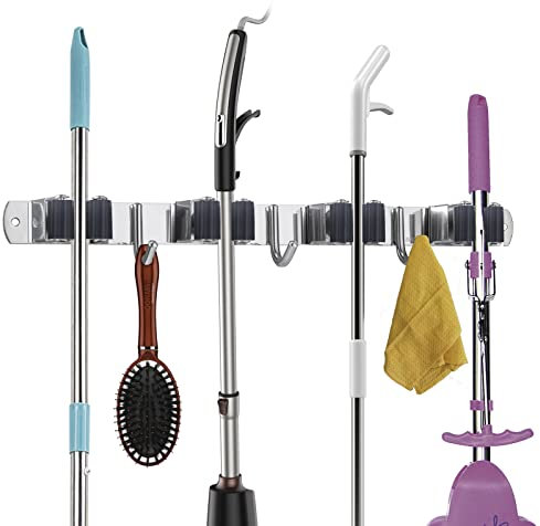 TUOHBOVA Colgador de Escobas y Fregonas de Acero Inoxidable, Organizador Adhesivos Soporte para Fregonas y Cepillas con 4 Posiciones y 3 Ganchos para Cocina, Baño, Garaje,Negro