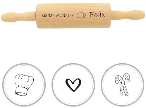 HOFMEISTER® Holz-Teigroller Mini mit Namensgravur, 26 cm, drehbare Achse, kleine Griffe für Kinderhände, einfaches Ausrollen, Back-Spaß mit dem Mini-Nudelholz, Naturprodukt aus Europa