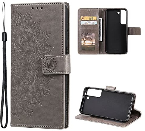 CoverKingz Handytasche kompatibel mit Samsung Galaxy S22 5G - Handy Case mit Kartenfach Handyhülle - Flipcase klappbar Motiv Mandala Grau