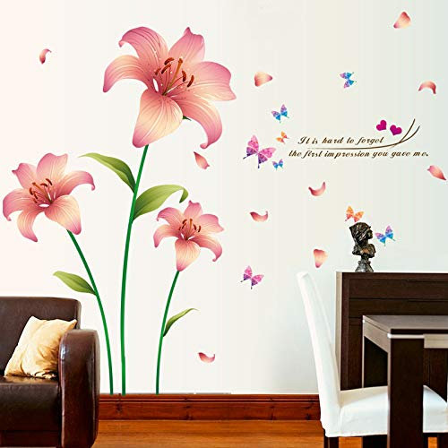 COVPAW® Wandtattoo Wandaufkleber XXL Lilie Rosa Blumen Wandsticker Wandbild Bilder Wohnzimmer Schlafzimmer Deco