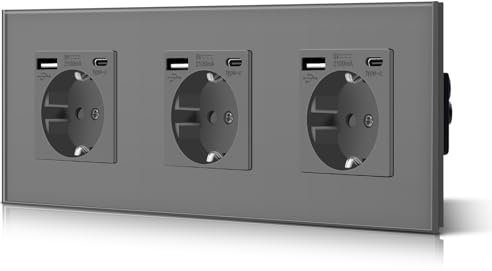 BSEED Triple prise murale Schuko en verre, type USB-C, 3-en-1, encastrable, 3 voies, puissance de charge de 2,1 A et adaptateur de type C, prise d’extension de 228 mm (gris)
