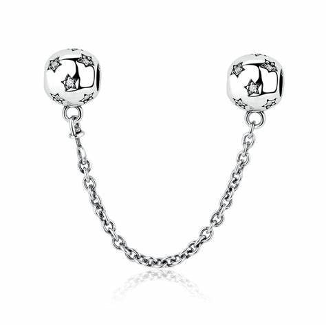 CWOne Designs Sterling Silver Safety Chain Charm, Ideal for Pandora Bracelets and Necklaces, Charm for Mum, Daughter, Wife, Sister, Niece, Birthday and Love Gift for Women (Round Moon & Stars)