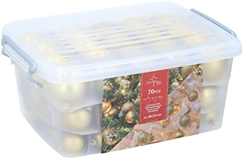 70 Pack Christmas Baubles in Plastic Storage Box - Xmas Tree Ball Hanging Ornaments Decorations (Gold)