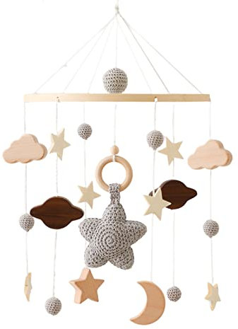 GLITZFAS Babybett Mobile Baby Windspiel, Mobile Baby Holz mit Filzbällen und Wolken Ornament Kinderzimmer Hängende Bettglocke Geschenk für Baby Mädchen oder Jungen, Rassel Spielzeug (Grau)