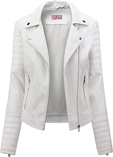 Giacca da Donna Street Fashion Biker in Pelle Artificiale Corta Temperamento Sottile Giacca PU Confortevole Giacca da Lavoro Pilota Giacca Casual di Base (Bianco,L)