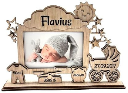Cadre photo en bois personnalisable avec texte pour bébé, nouveau né, cadeau de naissance Modèle 2