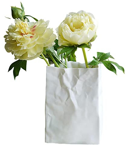 Anloximt Crinkle Paper Bag Vase, Buch Blumenvase, Weiße Keramikvase Blumenvase, Crinkle Paper Bag Shape Vase, Art Dekorative Blumenvase für Hochzeit