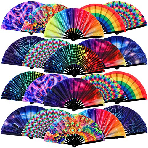 FairySandy 20 Pcs Rave Fans Bulk Large Folding Hand Fans with Plastic Ribs for Men Women, Chinese Japanese Rainbow Handheld with Fabric Case for Drag Queen Dance Club Music Festival Party(Novelty)