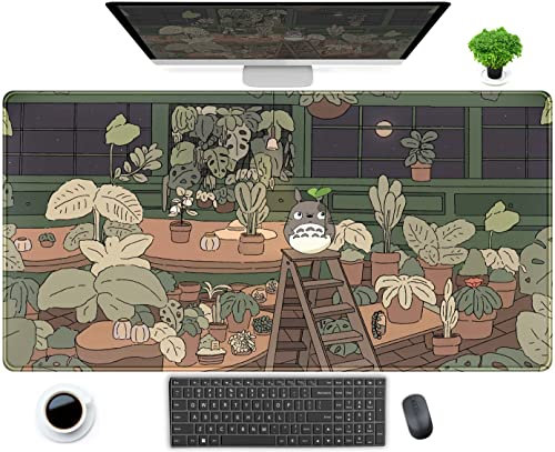 Cute Aesthetic Anime Desk Mat Brown Green Plant Mouse pad Kawaii Cool Cartoon Anime Mousepad Desk Pad Large XXL Gaming Deskmat, Laptop Keyboard Mouse Mat for Girl Women Desktop Mat 31.5x15.75 in