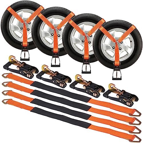 VEVOR Kit de Sangles d'Arrimage pour Jante 4PCs, Sangles de Pneu à Cliquet 5,08x305 cm, Charge de Travail de 2500 kg, Résistance à la Rupture de 5000 kg, pour Remorque Transport VTT Moto Camion SUV