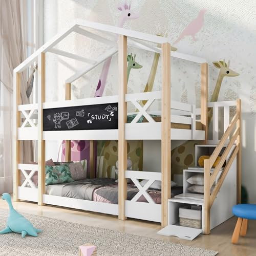 Daesar Bett 90x200 Rausfallschutz, Kinderbett Baumhaus mit Treppe, Bettgestell mit Lattenrost, Treppe mit 3 Schubladen Jugendbett Hochbett für Kinder, Natur Weiß