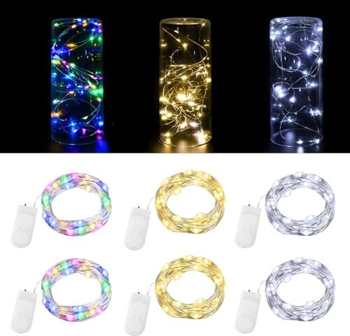 Dalugo [6 Stück] Mehrfarbig Lichterkette Batterie, 2m 20 LED Mini Lichterkette mit Batterie, Kupferdraht Lichterkette Innen für Flasche, Schlafzimmer, Party, Hochzeit, Weihnachten