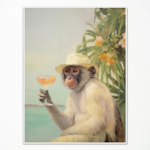 Yuaruo Kunstdruck auf Leinwand, Motiv: Funky Monkey Cocktail, Retro-Barwagen, ästhetisches Poster, niedlicher Affe im Urlaub, Wohnheim, Wohnung, Wanddekoration, 30,5 x 40,6 cm, ungerahmt
