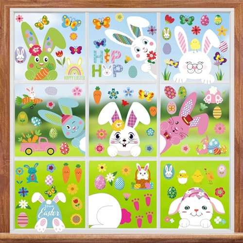 BETESSIN Fensterbilder Ostern Fenster Deko 9Blatt Fenster Aufkleber Selbstklebend Osterdeko Fenster Sticker Frühling Abziehbilder Sticker Ostereier Hasen Fenstersticker Kinderzimmer Osterdekoration