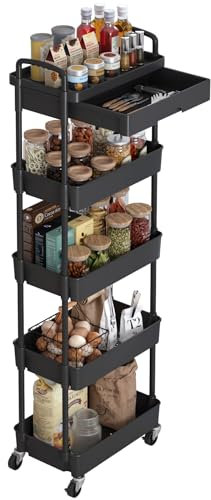 Dttwacoyh,1 Stück 5 Tier rollwagen mit schubladen, servierwagen mit Rollen, schönheit und Haar kunststoffschale, metallrohr und metallräder rollwagen, servierwagen für, Wohnzimmer, küche, schwarz