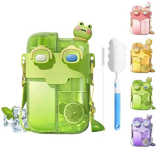 Kawaii Water Bottle with Straw, 780ML Double Chamber Cute Water Bottle with Adjustable Strap, Portable Leakproof Water Jug